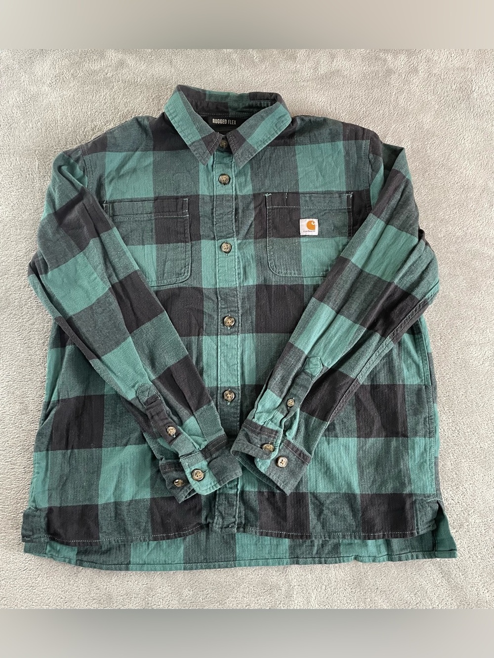 Carhartt Flannel Shirt Womens Medium Forest Green Button Up Cotton Blend Checker